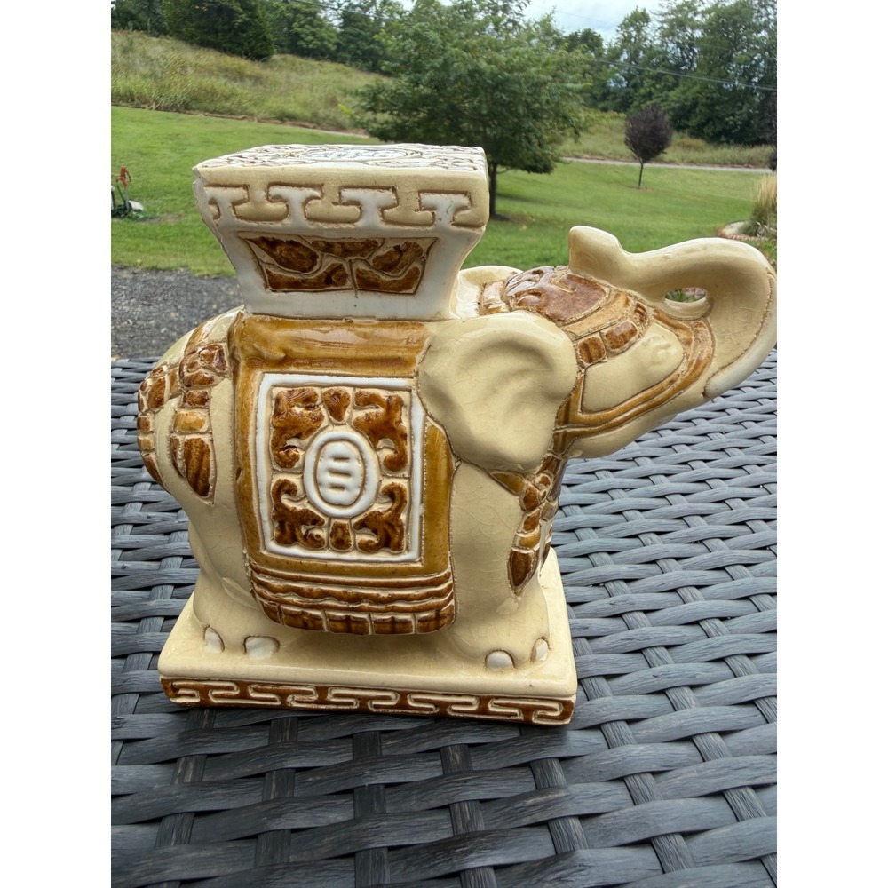 Ceramic Elephant Plant Stand Garden Stool Cream Brown Chinoiserie 7in